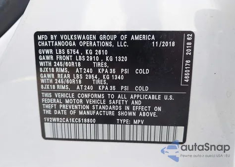2019 Volkswagen Atlas 3.6L V6 Se W/Technology from USA, damaged, VIN 1V2WR2CA1KC518800
